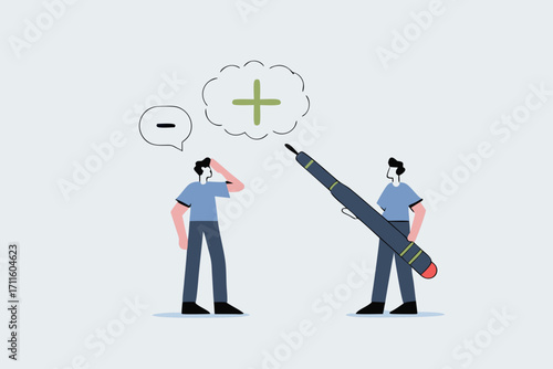 Think positive mindset, business manager with a pencil to draw positive sign on employee negative thought