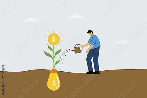 Monetize idea, businessman watering of growing money coun plants from bulb idea