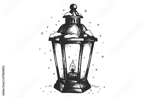 Vintage lantern sketch with snow accents and candlelight illustration - stock vector