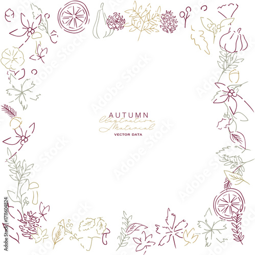 秋の落ち葉と木の実のベクターイラスト。葉っぱの秋植物イラスト。秋の線画背景。Autumn leaves and nuts vector illustration. Autumn plant illustration with leaves. Autumn line art background.
