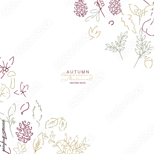 秋の落ち葉と木の実のベクターイラスト。葉っぱの秋植物イラスト。秋の線画背景。Autumn leaves and nuts vector illustration. Autumn plant illustration with leaves. Autumn line art background.