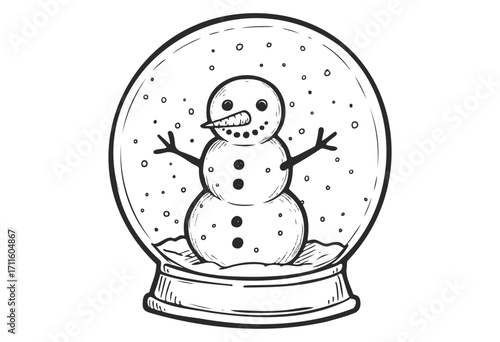 Hand-drawn snowman in snow globe with falling snowflakes - stock vector
