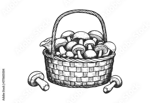 Detailed hand-drawn basket filled with mushrooms - stock vector