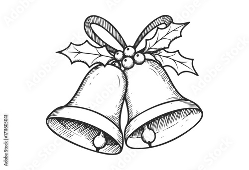 Hand-drawn christmas bells with holly leaves and berries - stock vector