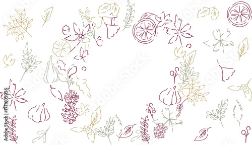 秋の落ち葉と木の実のベクターイラスト。葉っぱの秋植物イラスト。秋の線画背景。Autumn leaves and nuts vector illustration. Autumn plant illustration with leaves. Autumn line art background.