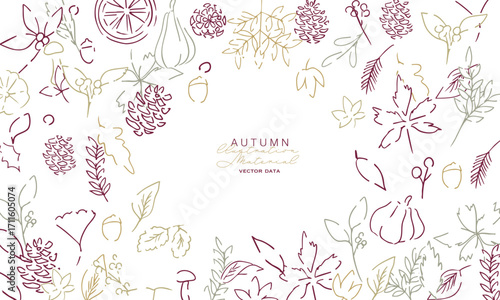 秋の落ち葉と木の実のベクターイラスト。葉っぱの秋植物イラスト。秋の線画背景。Autumn leaves and nuts vector illustration. Autumn plant illustration with leaves. Autumn line art background.