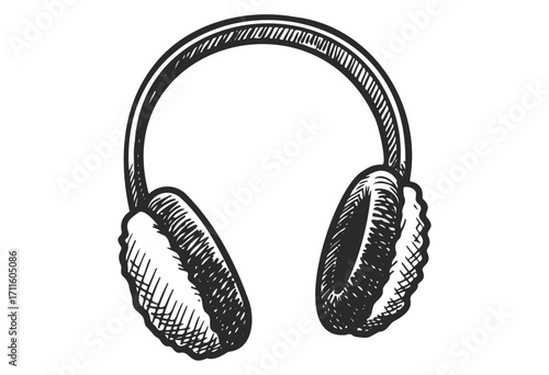 Hand-drawn sketch of vintage headphones with cushioned ear pads - stock vector