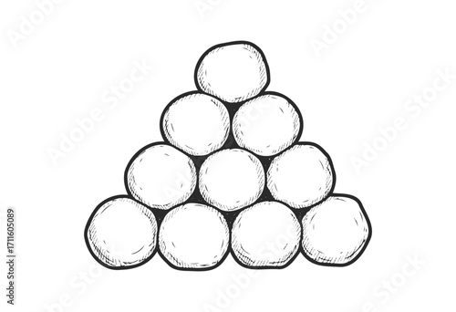 Hand-drawn sketch of pyramid-shaped stone arrangement with ten round stones - stock vector