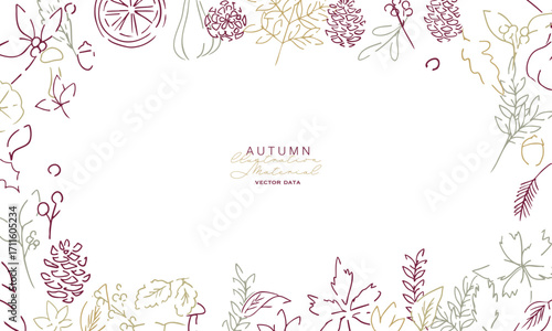 秋の落ち葉と木の実のベクターイラスト。葉っぱの秋植物イラスト。秋の線画背景。Autumn leaves and nuts vector illustration. Autumn plant illustration with leaves. Autumn line art background.