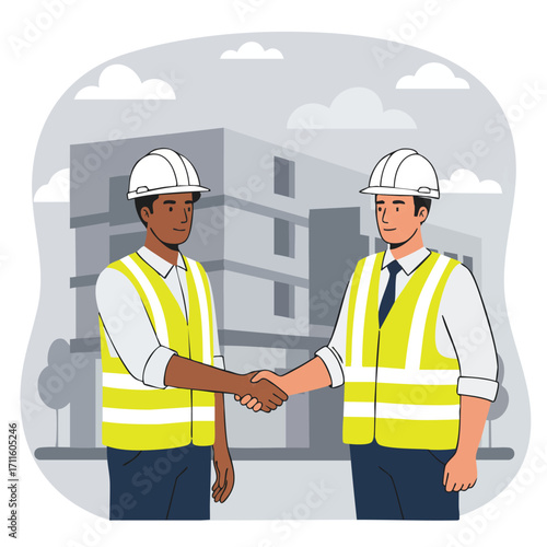 Diverse construction professionals in hard hats and safety vests finalize a successful business agreement with a firm handshake at a building site.