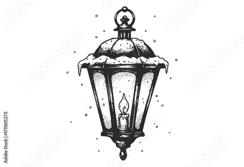 Vintage snow-covered lantern with candle flame in black and white illustration - stock vector