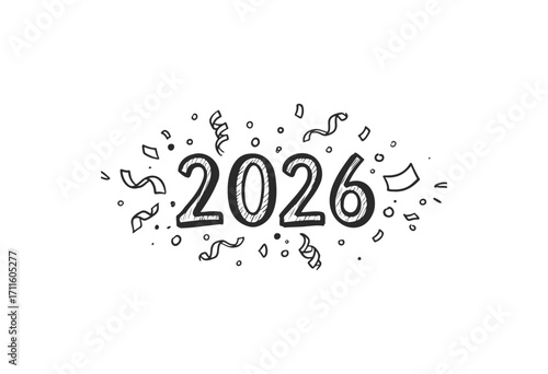 Celebratory black and white 2026 design with confetti and streamers - stock vector