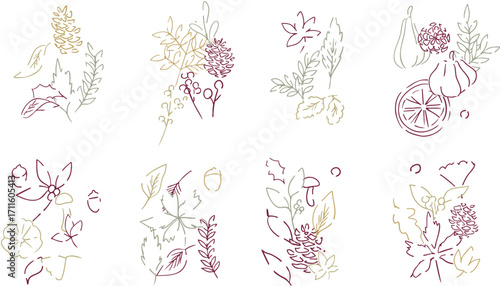 秋の落ち葉と木の実のベクターイラスト。葉っぱの秋植物イラスト。秋の線画背景。Autumn leaves and nuts vector illustration. Autumn plant illustration with leaves. Autumn line art background.