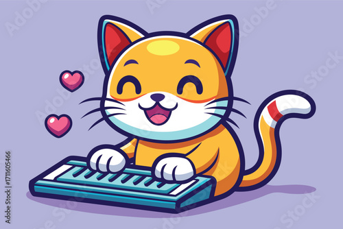 Cute orange cat happily playing keyboard with hearts floating around in a simple cartoon style