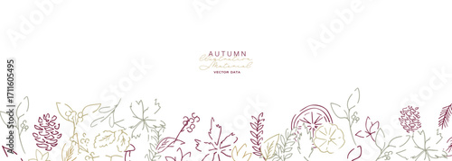 秋の落ち葉と木の実のベクターイラスト。葉っぱの秋植物イラスト。秋の線画背景。Autumn leaves and nuts vector illustration. Autumn plant illustration with leaves. Autumn line art background.