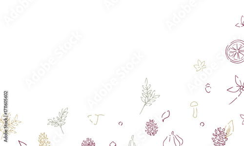 秋の落ち葉と木の実のベクターイラスト。葉っぱの秋植物イラスト。秋の線画背景。Autumn leaves and nuts vector illustration. Autumn plant illustration with leaves. Autumn line art background.