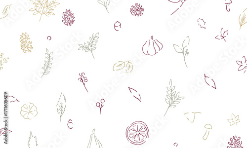 秋の落ち葉と木の実のベクターイラスト。葉っぱの秋植物イラスト。秋の線画背景。Autumn leaves and nuts vector illustration. Autumn plant illustration with leaves. Autumn line art background.