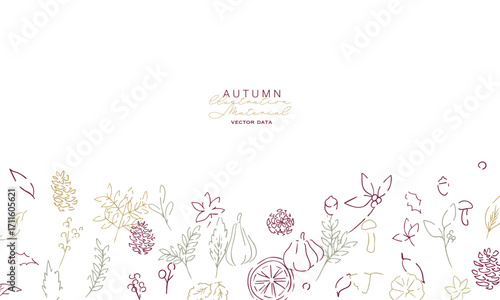 秋の落ち葉と木の実のベクターイラスト。葉っぱの秋植物イラスト。秋の線画背景。Autumn leaves and nuts vector illustration. Autumn plant illustration with leaves. Autumn line art background.