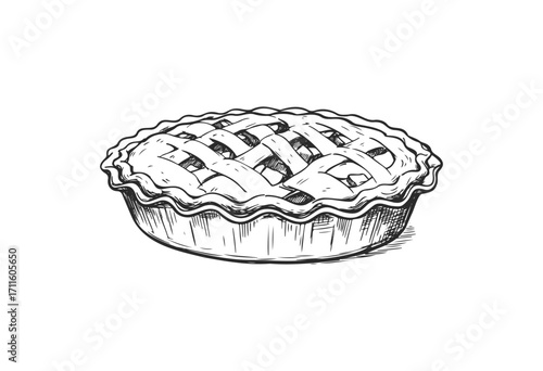 Hand-drawn lattice pie sketch with crust in black and white illustration - stock vector