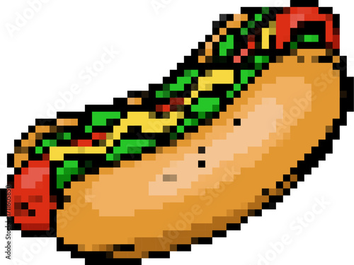 Pixel art hot dog isolated on white background. Vector illustration