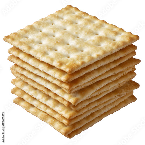 Stack of crispy saltine crackers isolated on transparent background, showcasing their square shape, perforated surface, and goldenbrown color, perfect for snacking or pairing