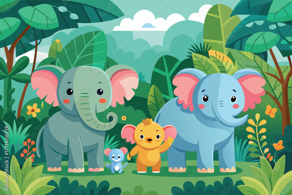 Naklejka premium Friendly elephant family enjoying a sunny day in a lush jungle setting with playful companions