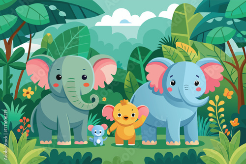 Friendly elephant family enjoying a sunny day in a lush jungle setting with playful companions