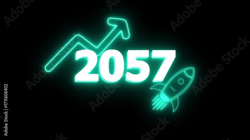 Wallpaper Mural Neon 2057 year with upward arrow graph and rocket ship icon on black background new year Glow Against Dark Jahreswechsel, Schrift mit Neonschein 4k video Background animation Torontodigital.ca