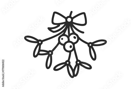 Festive mistletoe with bow black and white drawing for holiday decor - stock vector