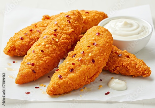 Spicy Chicken Tenders with Ranch on White Background 