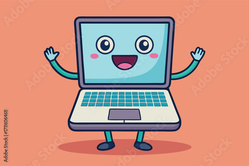 Happy cartoon laptop character with arms and a smile on a bright background