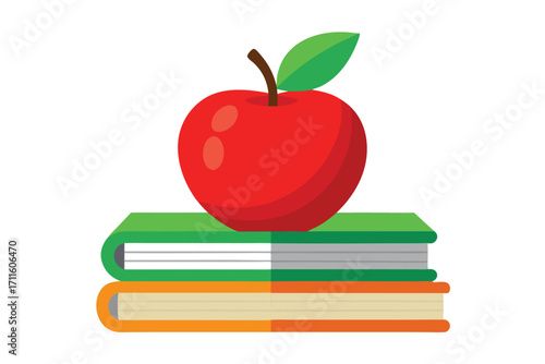 Bright red apple resting on colorful stacked books symbolizes learning and education in a simple design