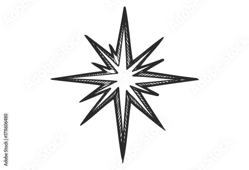 Hand-drawn eight-point star symbol with black ink lines - stock vector