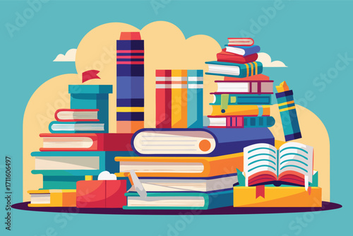 Colorful stack of books arranged in an artistic manner on a soft blue background