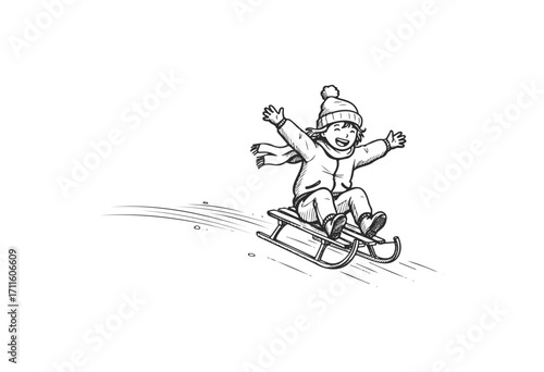 Happy young child sledding in winter clothes illustration - stock vector
