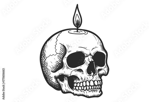 Vintage skull illustration with candle flame on top - stock vector