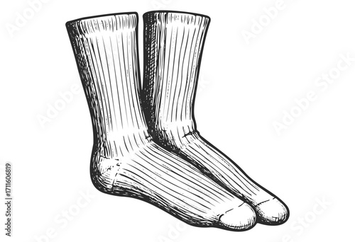 Vintage black and white sketch of knit socks pair - stock vector