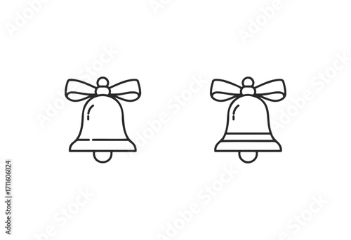Outline illustration of two decorative bells with ribbons side by side - stock vector