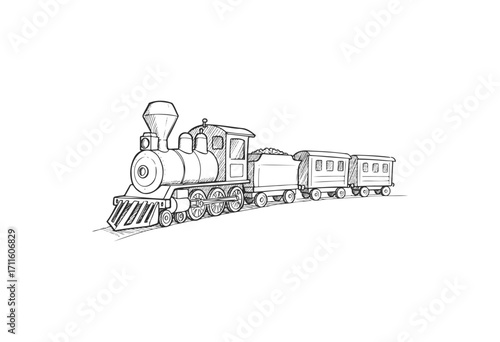 Vintage steam locomotive sketch with coal car and passenger carriages - stock vector