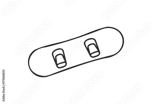 Minimalist outline of skateboard with bindings and wheels in black and white - stock vector