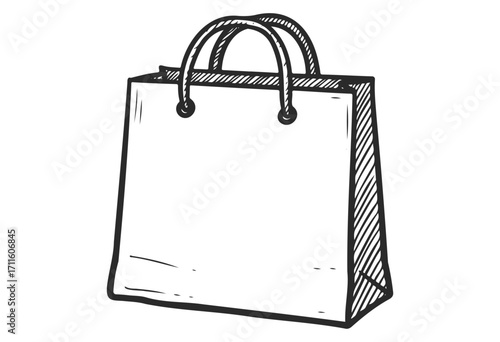 Hand-drawn shopping bag sketch with handles and shaded details - stock vector