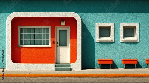 Vibrant motel facade with orange, white, and teal colors
