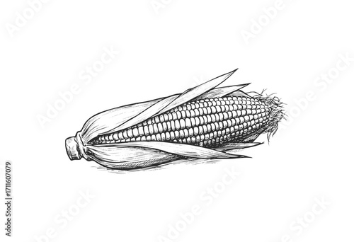 Detailed black and white corn illustration with husk and kernels - stock vector