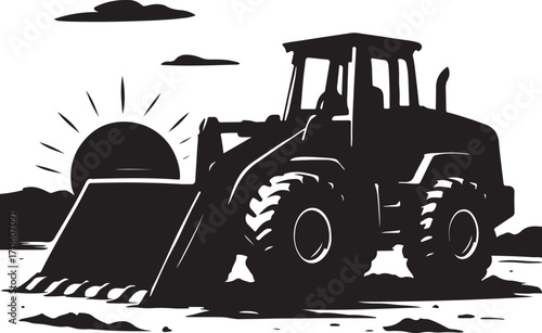 Heavy Construction Bulldozer Tractor Silhouette with Sunset Background Industrial Machinery Earthmoving Equipment Excavation Engineering and Building Work