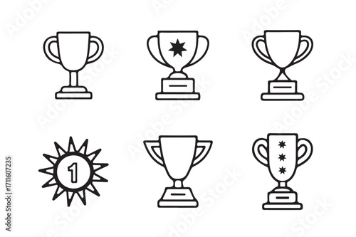 Trophy Icons Collection: A collection of line art trophy icons, perfect for representing achievement and success, designed with clean lines and a minimalist aesthetic.