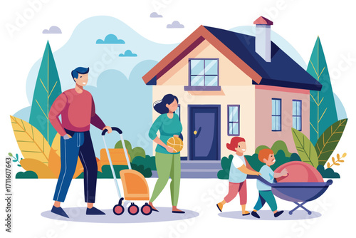 Family enjoying a sunny day outside their house while pushing a stroller and playing in the yard