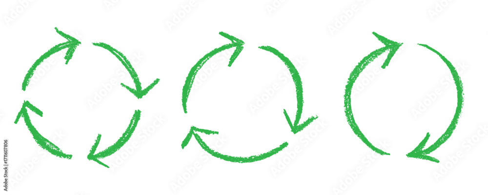 Fototapeta premium Set of hand drawn recycle arrow icon Recycling resources symbol Reuse of materials, zero waste, green environment, saving the planet