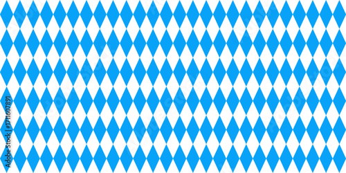 Oktoberfest seamless pattern. Bavarian flag print. Vector blue and white rhombus banner background. Bavaria Octoberfest party wallpaper. Munich beer festival repeat pattern. Harlequin check tablecloth
