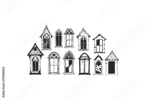 Vintage gothic architecture: collection of ornate windows with pointed arches and towers - stock vector