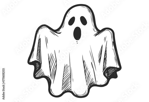 Cartoon spooky ghost illustration with sheet and expression in black and white - stock vector